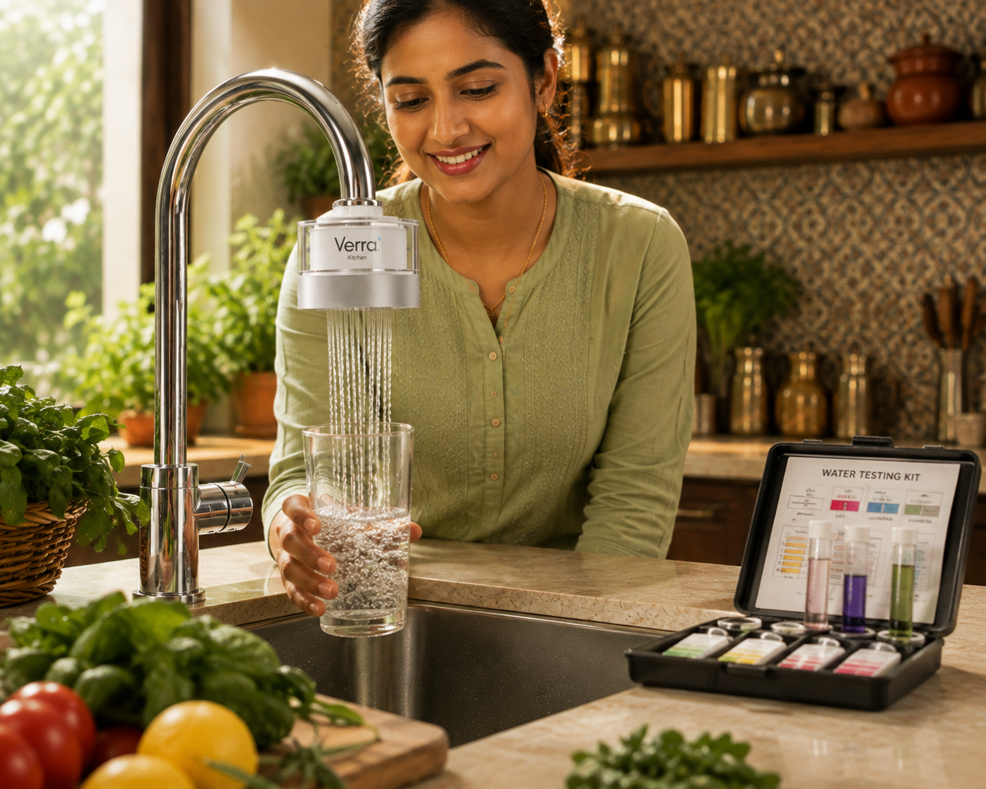 Woman filling a glass of water from a Verra Kitchen filter next to a water testing kit