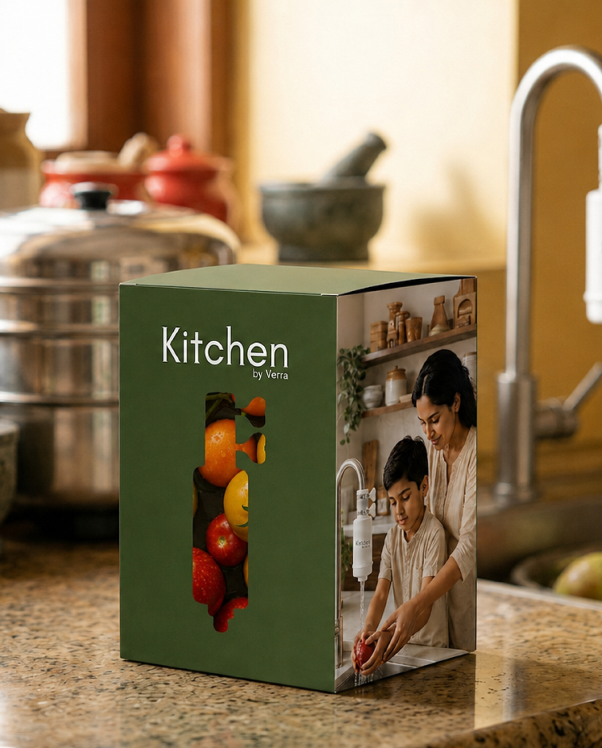 Kitchen by Verra packaging on an Indian kitchen counter.