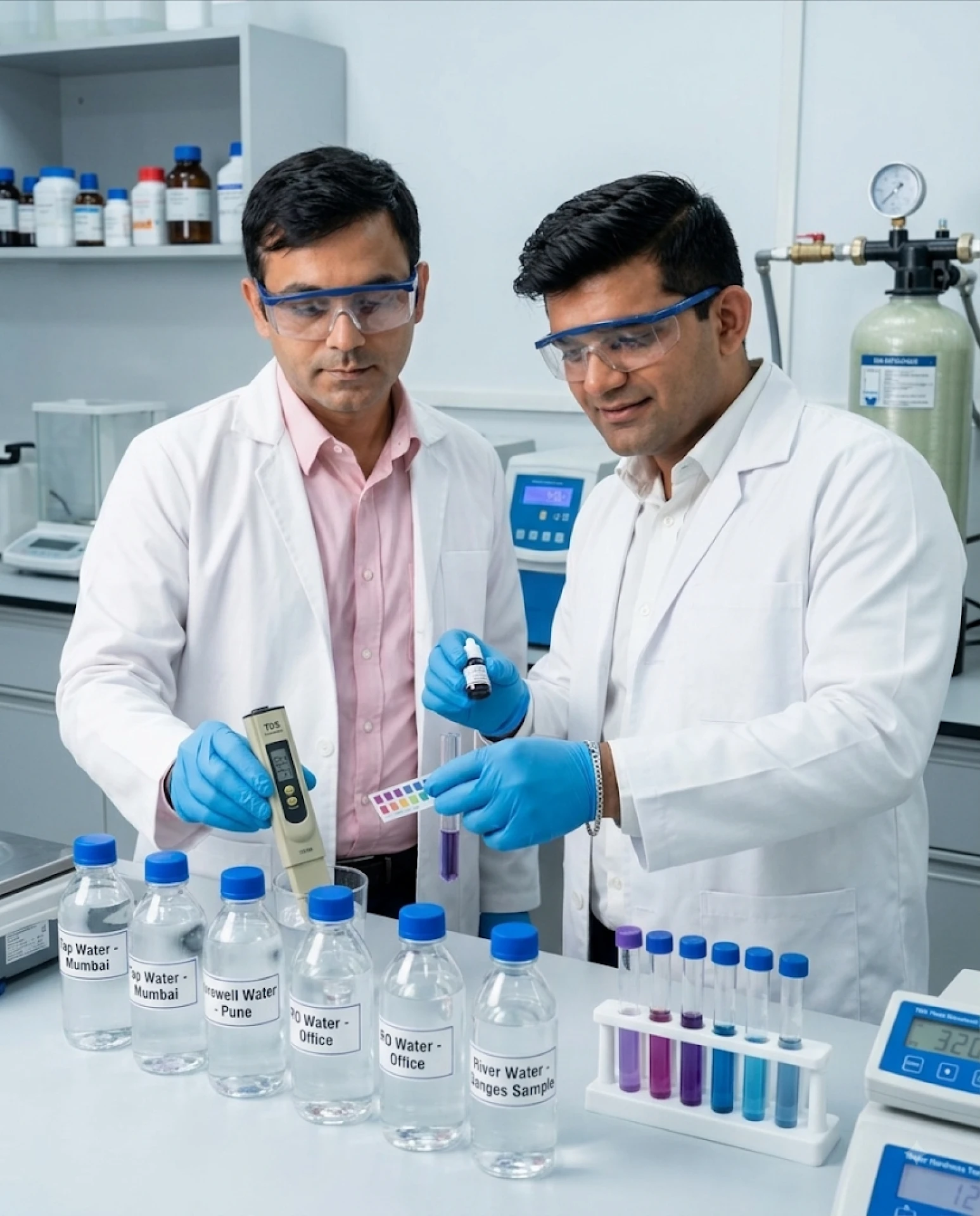 Professor Rohit Karnik and DJ Goel testing water in a kitchen.