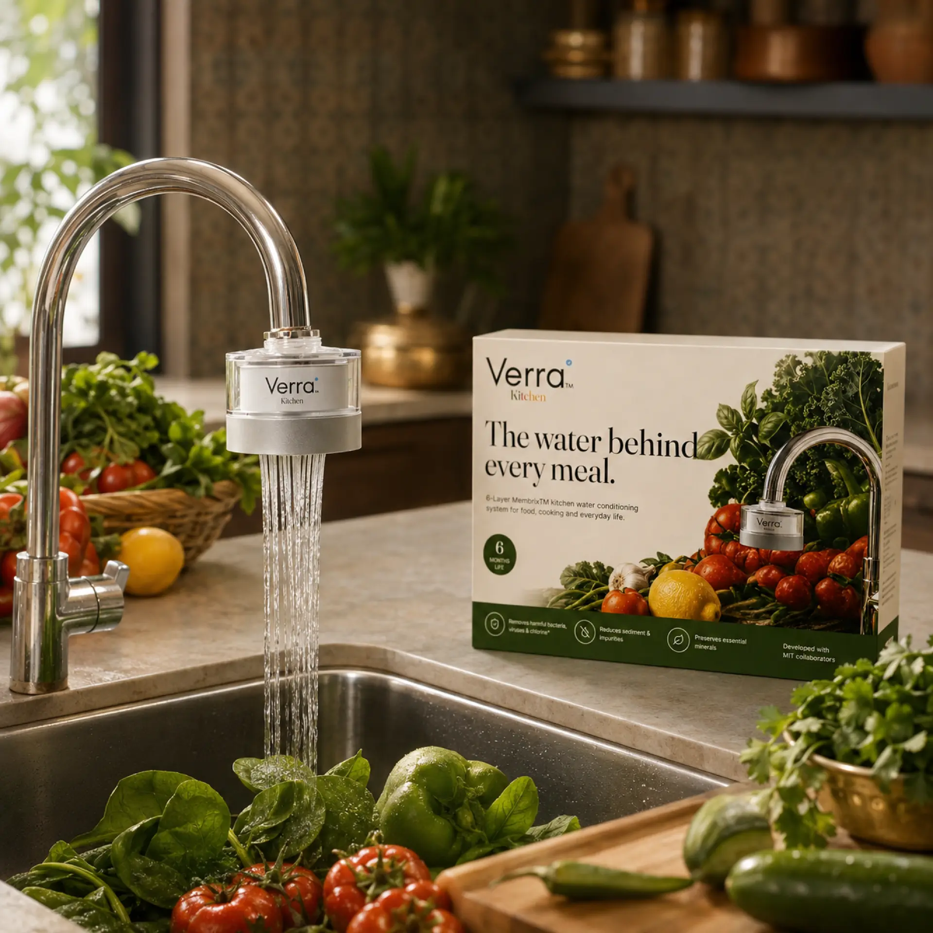 Verra Kitchen filter on a tap with water flowing next to the product box and fresh vegetables on the counter.