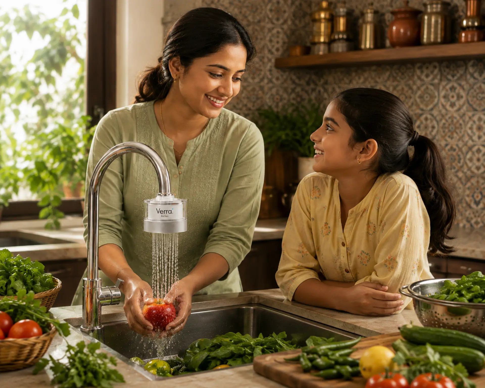 Mother and daughter washing an apple together under a Verra Kitchen filter