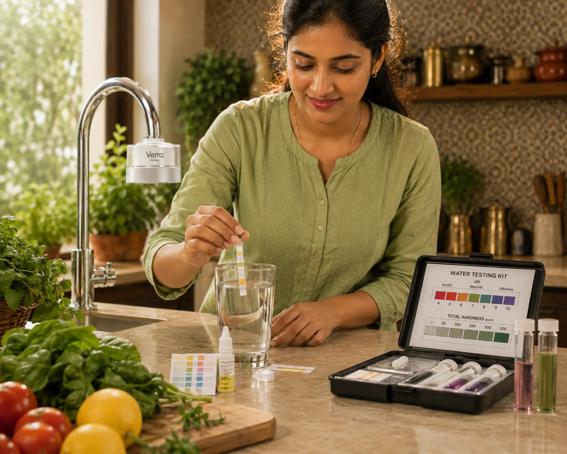 Woman testing water with a Verra home water testing kit at the kitchen counter