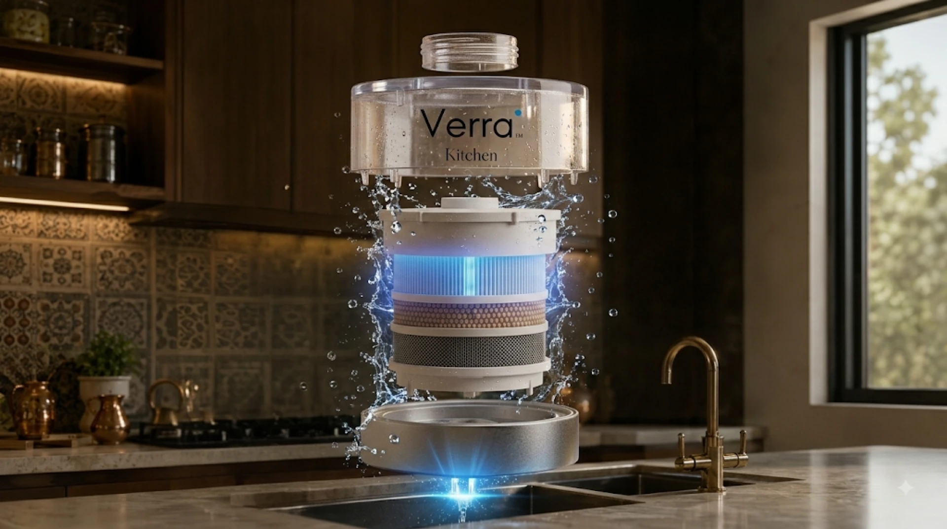 Exploded view of the 25-layer Membrix stack above a kitchen sink.