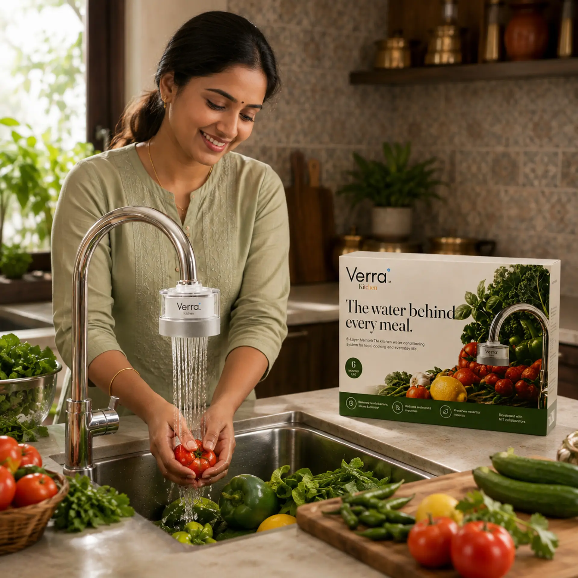 Woman washing vegetables with Verra Kitchen filter installed on tap