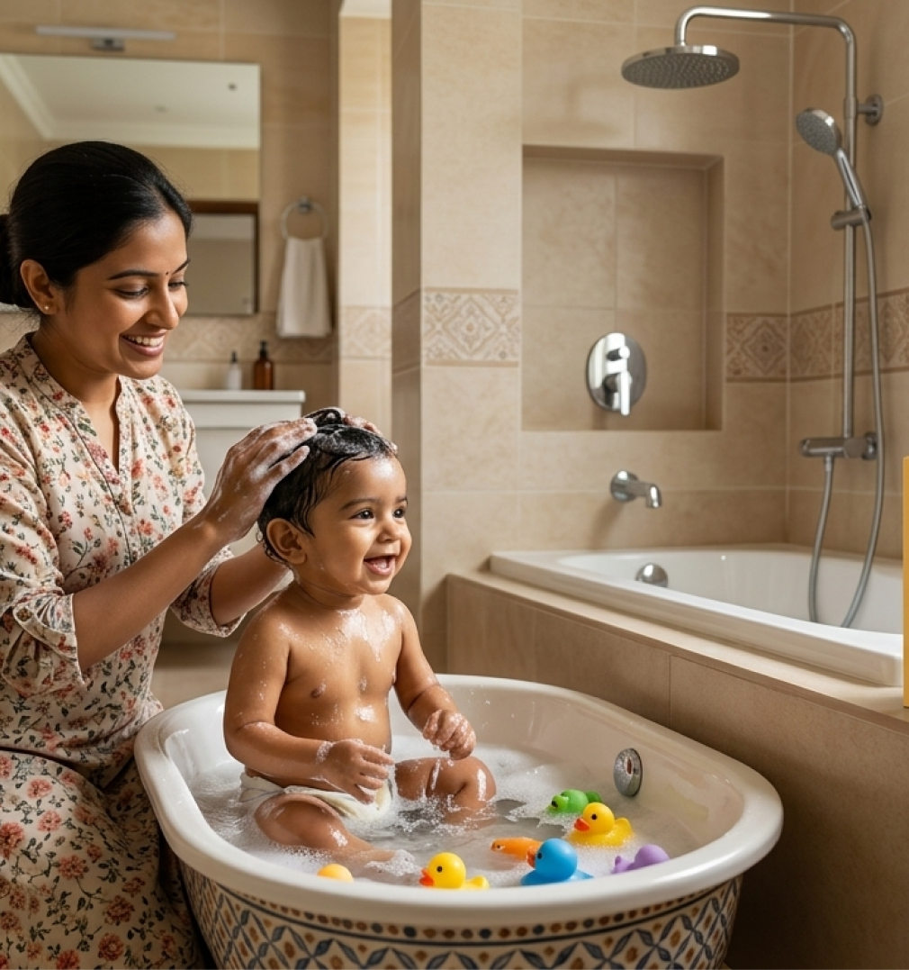 A mother washing her smiling baby in a bathtub.