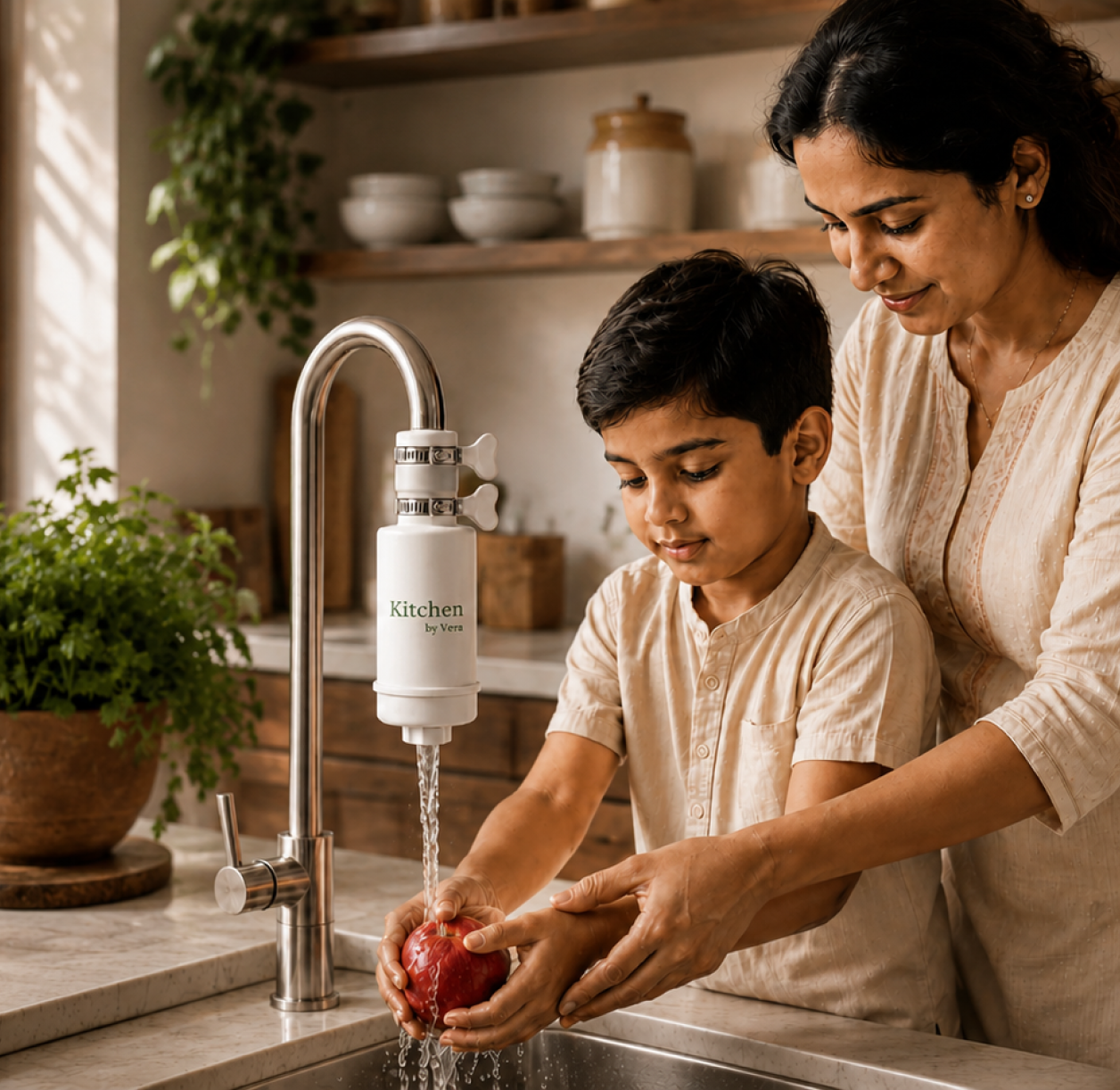 A mother and son washing an apple under a Kitchen by Verra filter.