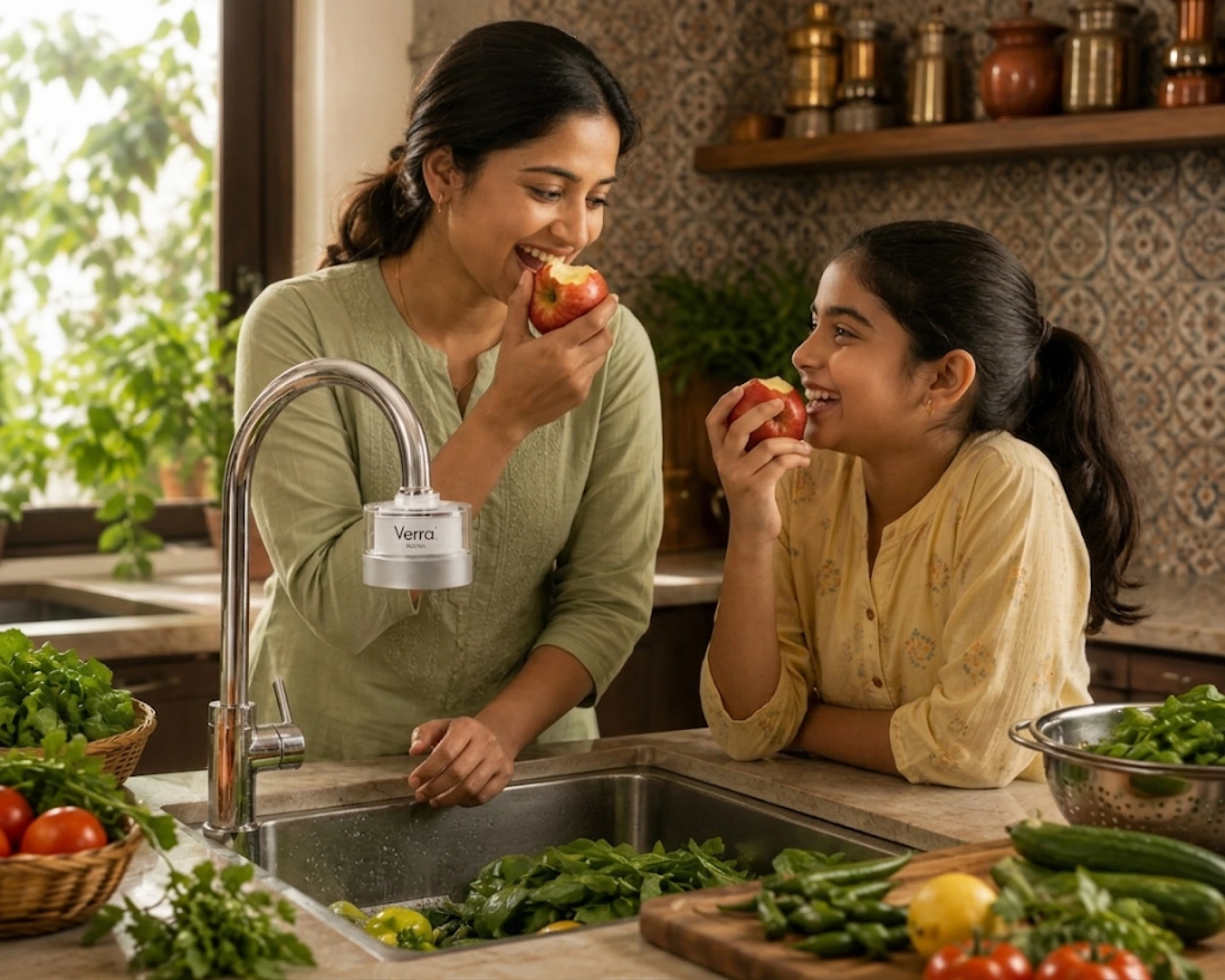 A mother and daughter enjoying fresh apples in a kitchen with Verra Kitchen on the tap.