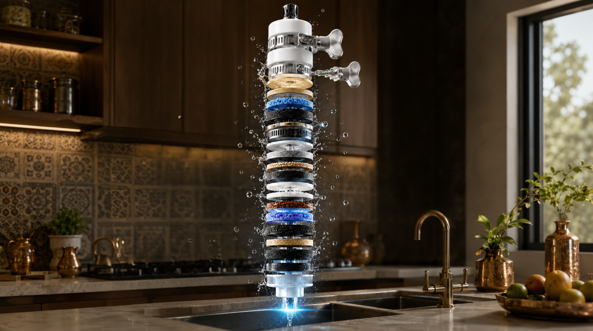 Exploded view of the 25-layer Membrix stack above a kitchen sink.