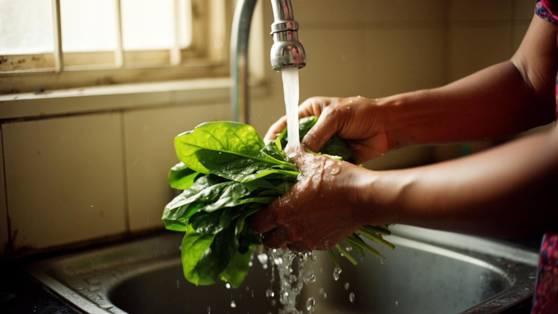Hands washing palak.